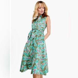 NIC+ZOE Pouncing Panthers Shirt Dress Green Tropical Print Midi Dress Women's M